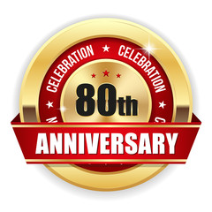 Red 80th anniversary badge with gold border and ribbon