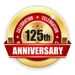 Red 125th anniversary badge with gold border and ribbon