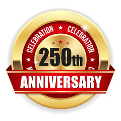 Red 250th anniversary badge with gold border and ribbon