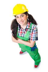 Female workman in green overalls isolated on white