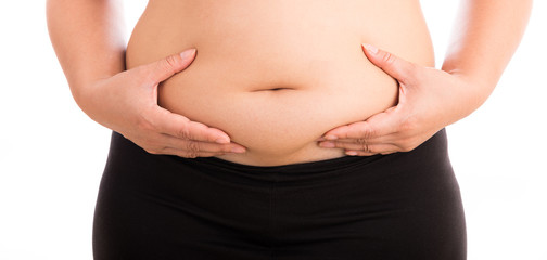Women with fat belly on white background