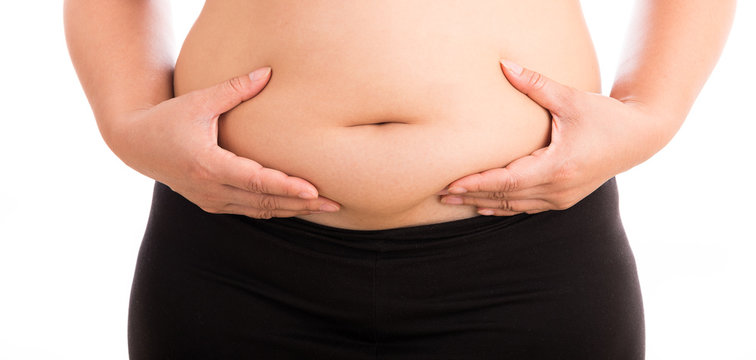 Women with fat belly on white background