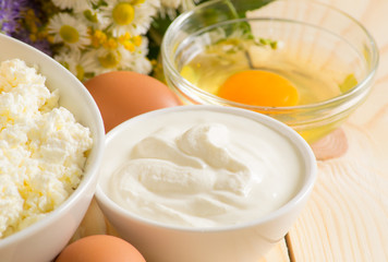  Sour cream and other Ingredients on the meadow flowers backgrou