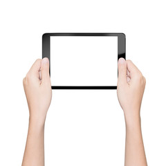 hand holding tablet isolated white with clipping path