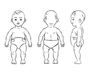 Baby figure. Front, side and back view