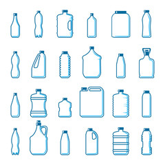 Vector plastic bottles in outline style - obrazy, fototapety, plakaty