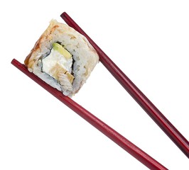 Sushi roll in chopsticks isolated on white background