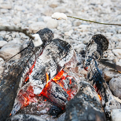 Marshmallows sticked on a twig, being toasted