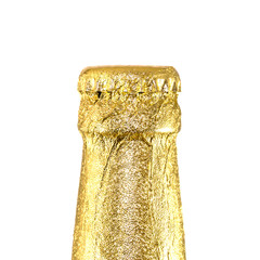 Neck closed beer bottles wrapped in gold foil