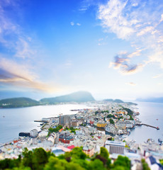 Alesund, Norway. photo of norwegian city of Alesund during summer evening. tilt shift style.
