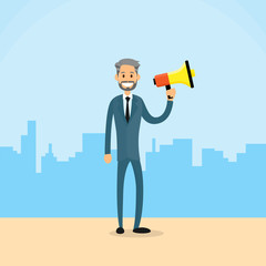 Businessman Hold Megaphone Loudspeaker City Skyscraper