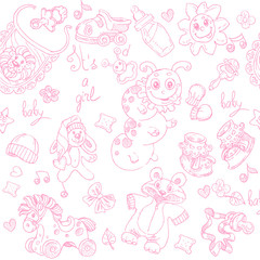 Seamless background its a girl with toys, clothing and accessori