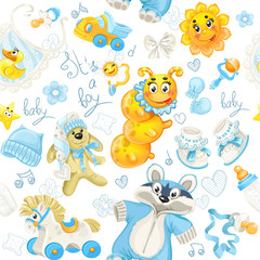 Seamless pattern of clothing, toy and stuff it's a boy