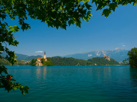 Bled lake with island church and castle