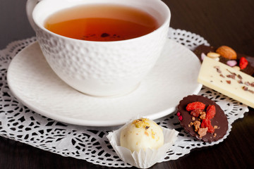 Chocolate candies, chocolate and cup of tea