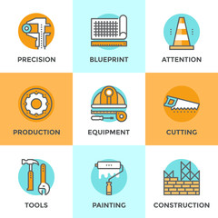 Construction equipment line icons set