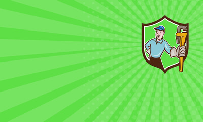 Business card Plumber Presenting Monkey Wrench Shield Cartoon