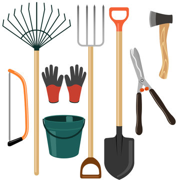 Set of garden tools on white background