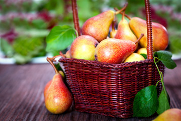 Pears in basket in front of blackboard