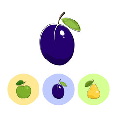 Fruit Plum  on White Background , Set of Three Round Colorful Icons  Apple, Plum and Pear, Vector Illustration