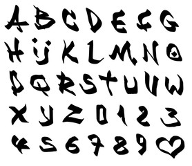 Fototapeta na wymiar graffiti marker font and number alphabet over white
