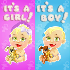 It`s a boy and it`s a girl announcement card with cute babies