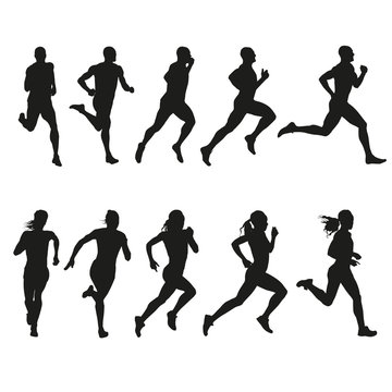 Set of silhouettes of running men and women