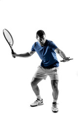 Man tennis player on white background (forehand)