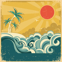 Vintage nature tropical seascape background with palms .Vector p