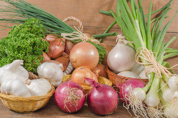 Different types of onions, garlic and shallots