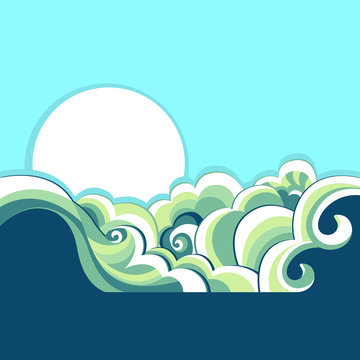 Blue sea and sun on  nature background.Vector illustration of se