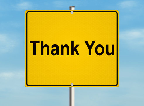 Thank you. Road sign on the sky background. Raster illustration.