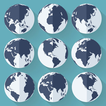 Vector flat globe earth icons.