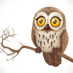Naklejka premium Cute cartoon owl sitting on a branch isolated on a white backgro