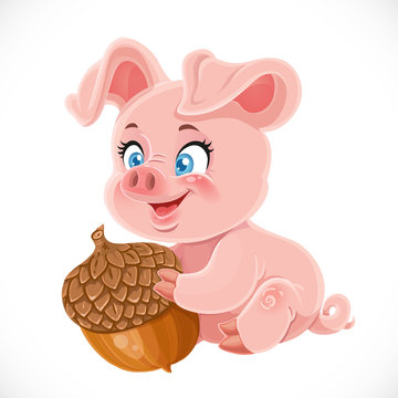 Cute cartoon happy baby pig holding a large acorn