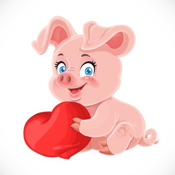 Cute cartoon happy baby pig hugging a soft red pillow heart isol