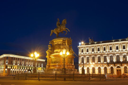 Monument to Nicholas I in St. Petersburg at night, Russia