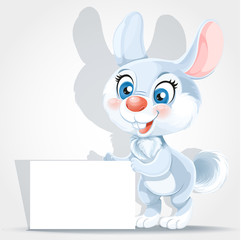 Cute bunny holding banner in his paws isolated on white background.