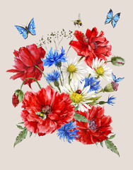 Fototapety  Letnia kartka z życzeniami w stylu vintage z kwitnącą czerwienią