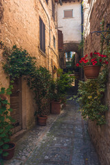 Fototapeta na wymiar Flowery streets in Spello, Italy