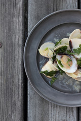 White clamshells with wine and parsley sauce.