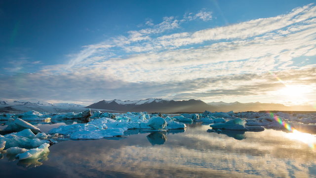 Ice Melting Climate Change Sunset Time Lapse. Glacier Lagoon, Iceland