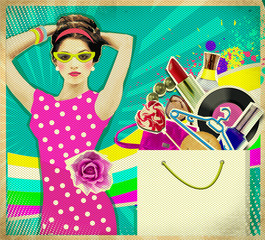 Young woman in pink dress .retro shopping poster background