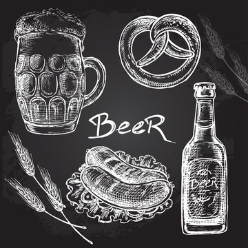 hand drawn set beer on black background