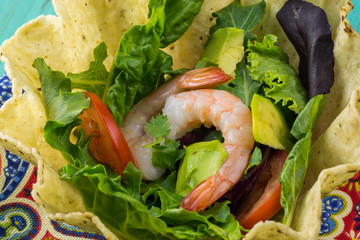 Shrimp tostada bowl salad.