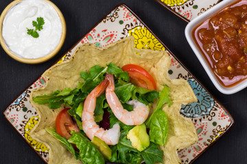 Shrimp tostada bowl salad.