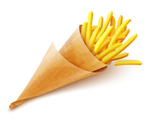 French fries potatoes in paper bag. Eps10 vector illustration. - obrazy, fototapety, plakaty