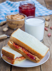 Sandwich with creamy peanut butter and strawberry jam