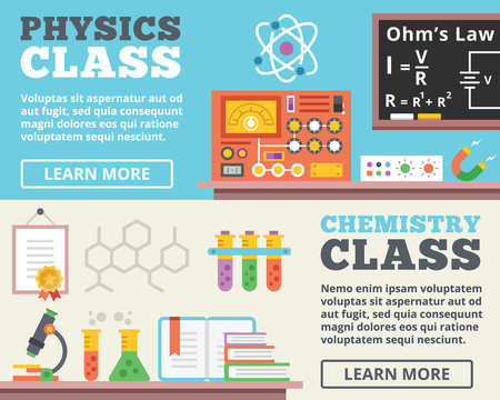 Physics class and chemistry class concepts. Top view. Trendy flat design banner illustrations