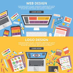 Web design, logo design flat illustration banners concepts set. Top view